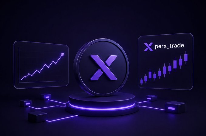 A 3D-rendered purple podium displays a large "X" coin flanked by two screens—one showing an upward trending line graph and the other labeled "perx_trade" with candlestick charts—visually reinforcing the post's message about Perx Trade's strong activity and ranking within the Nomisma Network's expanding Season 3 competition.