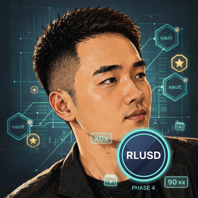 A stylized illustrated portrait of a man with short dark hair set against a digital-themed background featuring interconnected nodes and icons labeled "vault." Overlaid graphics highlight "RLUSD" prominently, along with "PHASE 4," "X0x," and "90 xx," visually emphasizing the post's point about looking beyond airdrops and XP multipliers to focus on RLUSD's Phase 4 as a real test for stablecoin utility in DeFi.