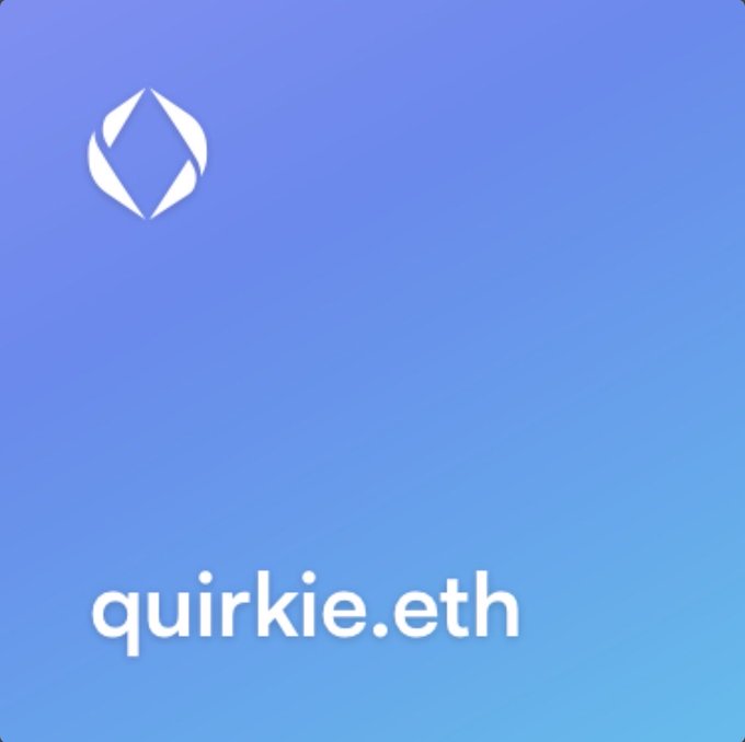 A blue gradient background displaying a white geometric Ethereum-style logo and the text 'quirkie.eth' at the bottom.