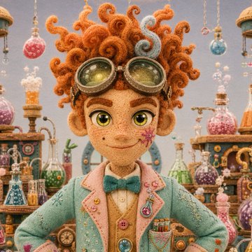 A whimsical, animated-style portrait of a curly-haired boy wearing steampunk goggles and a teal jacket, surrounded by colorful potion bottles and laboratory equipment.