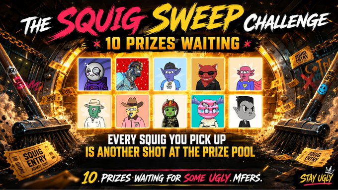 An advertisement for 'THE SQUIG SWEEP CHALLENGE' featuring 10 cartoon NFT characters, with text '10 PRIZES WAITING' and 'EVERY SQUIG YOU PICK UP IS ANOTHER SHOT AT THE PRIZE POOL'.