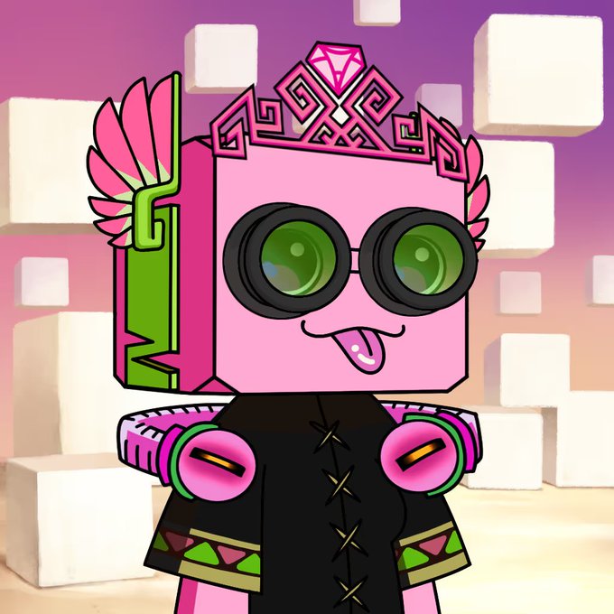 A cute pink blocky cartoon character with green goggles, a golden crown, and sticking out its tongue stands in front of a pastel cube-filled background, fitting the post's promotion of a top "phygital art rewards" Web3 collection.
