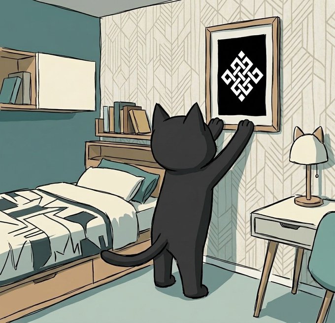 A cartoon illustration of a black cat standing on its hind legs in a bedroom, reaching up toward a framed picture on the wall displaying a white geometric endless knot symbol.
