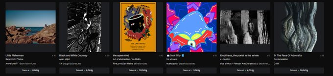 A row of album covers from Bandcamp, including 'Beverly in Peakland', 'Black and White Journey', 'the open mind - Art of distraction', '溺れる獣は空を見ない' (with @sly9mass on illustration), 'Emptiness, the portal to the whole', and 'In The Face Of Futurity', each priced around 4.00 and totaling 30.00 mg.