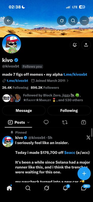 A Twitter profile for 'kivo' (@kivoxbt) displays 'made 7 figs off memes', '896.2K Followers', and a pinned post mentioning making '$176,700 off Seacc' and talking about 'Solana'.