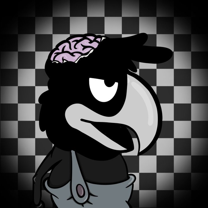 A cartoon illustration of a black bird-like character with an exposed brain, featuring a large white eye and gray shorts, set against a black and gray checkered background.