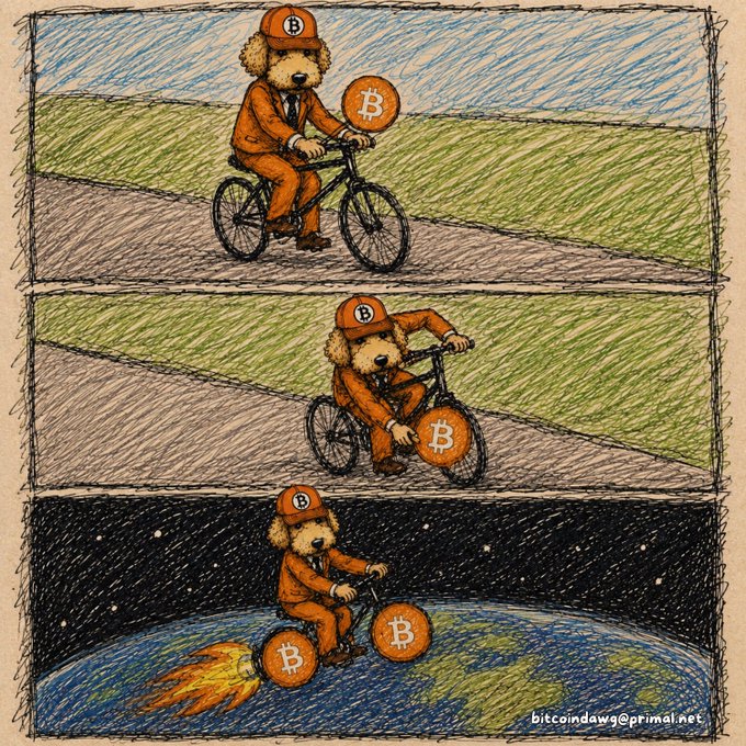 A three-panel illustration by 'bitcoindawg@primal.net' showing a teddy bear in a suit and Bitcoin cap riding a bicycle, which transforms from a regular bike to one with a Bitcoin-themed wheel, and finally takes flight like a rocket around Earth with Bitcoin as boosters.