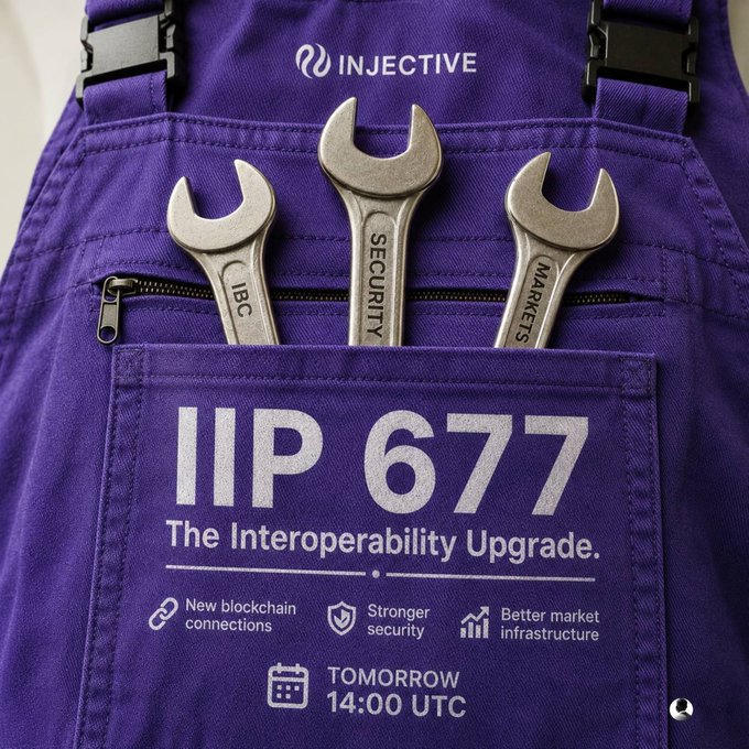 A promotional graphic featuring purple overalls with three wrenches labeled 'IBC', 'SECURITY', and 'MARKETS' in the pocket, branded with 'INJECTIVE', 'IIP 677 - The Interoperability Upgrade', and 'TOMORROW 14:00 UTC'.