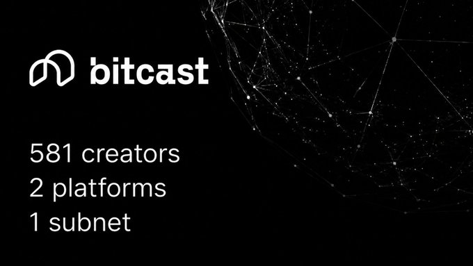 The image features a black background with white text that reads "bitcast". Below this, there are two lines of white text providing information about Bitcast's creators and their platforms. The first line states that there are 581 creators, while the second line indicates that they have 2 platforms. The third line provides details on how to access these platforms, stating that users can either create a new account or join an existing one.