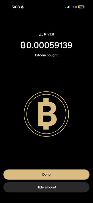 A mobile app screen for RIVER shows a Bitcoin purchase amount of '฿0.00059139 Bitcoin bought' with Done and Hide amount buttons.