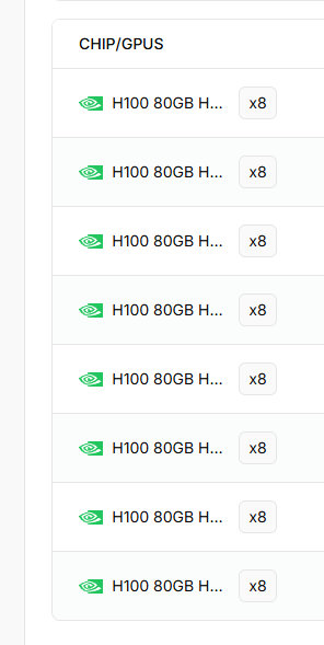The image shows a list of 8 GPU clusters, each containing 8 NVIDIA H100 80GB GPUs, totaling 64 H100s—matching the exact hardware setup described in the post about a hashcat mining experiment.