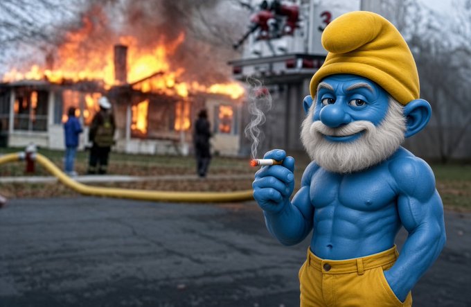 A muscular blue Smurf character wearing a yellow hat and pants smokes a cigarette calmly in the foreground while firefighters battle a house engulfed in flames behind him. The image visually represents the post's message about "$SMURF" token burns, with the burning house symbolizing the "buy back and burn" mechanism that destroyed 31% of the supply, while the unbothered Smurf embodies the "papa" persona who isn't fading despite the destruction.