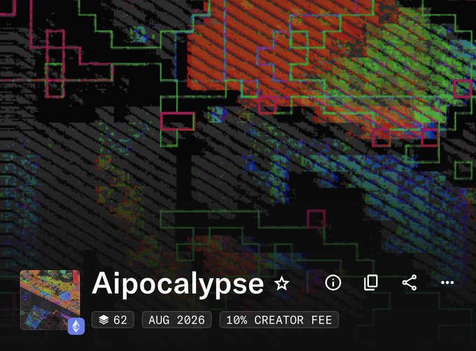 An NFT listing screenshot titled 'Aipocalypse ☆' dated AUG 2026 with 62 editions and a 10% creator fee, displayed against a glitchy, abstract background with neon green and red grid patterns.