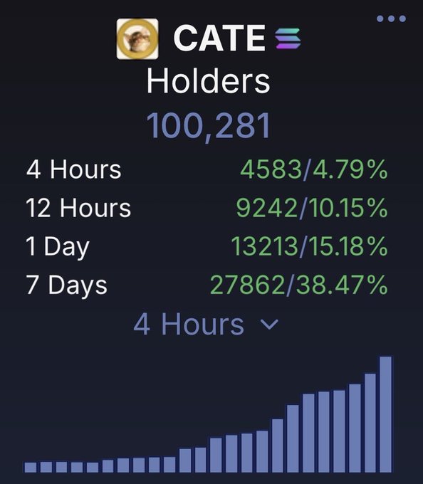 The image shows a Sui DEX analytics dashboard displaying CATE token holder statistics, with the total reaching **100,281 holders**, including 4-hour growth of 4,583 holders (4.79%), 12-hour growth of 9,242 (10.15%), 1-day growth of 13,213 (15.18%), and 7-day growth of 27,862 (38.47%). The chart visualizes the rapid upward trajectory in holders, celebrating the milestone mentioned in the post while signaling momentum toward the 1 million holder goal.