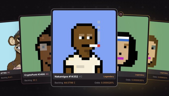 CryptoPunk NFT profile cards displayed side by side, featuring 'Nakamigos #14352' (Legendary, backing 44.0799Ξ), 'CryptoPunk #3498' (#4, backing 33Ξ), and other punk characters.