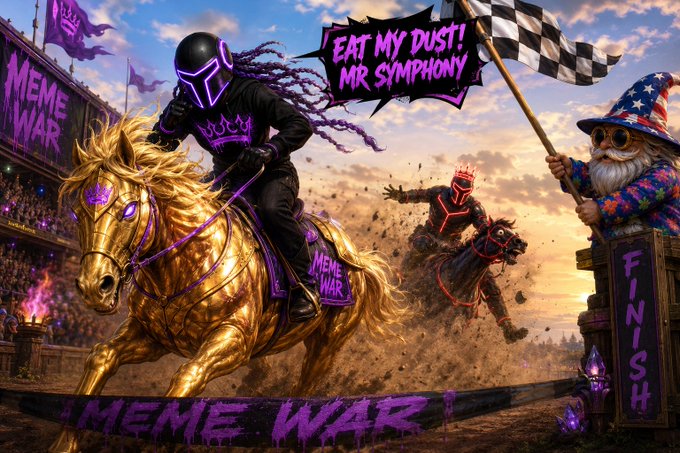 A vibrant illustration captioned 'MEME WAR' depicts a masked rider on a golden horse shouting 'EAT MY DUST! MR SYMPHONY' while racing past a rival toward a finish line, with a wizard-like figure waving a checkered flag.
