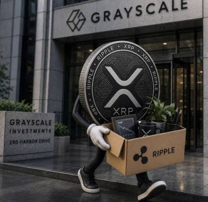 A personified XRP coin mascot walks outside Grayscale Investments headquarters at 290 Harbor Drive, carrying a Ripple-branded cardboard box filled with XRP-related merchandise, symbolizing Grayscale's significant new 26.11% allocation of its "Digital Assets Next Gen" model portfolio to the XRP token for financial advisors.