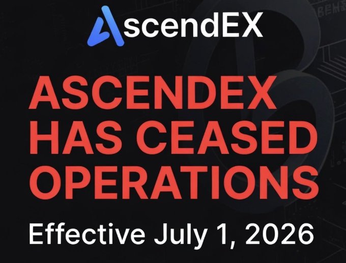 An announcement graphic from AscendEX (formerly Bitmax) displays the platform's logo alongside bold red text reading "ASCENDEX HAS CEASED OPERATIONS Effective July 1, 2026," informing users of the exchange's official shutdown.