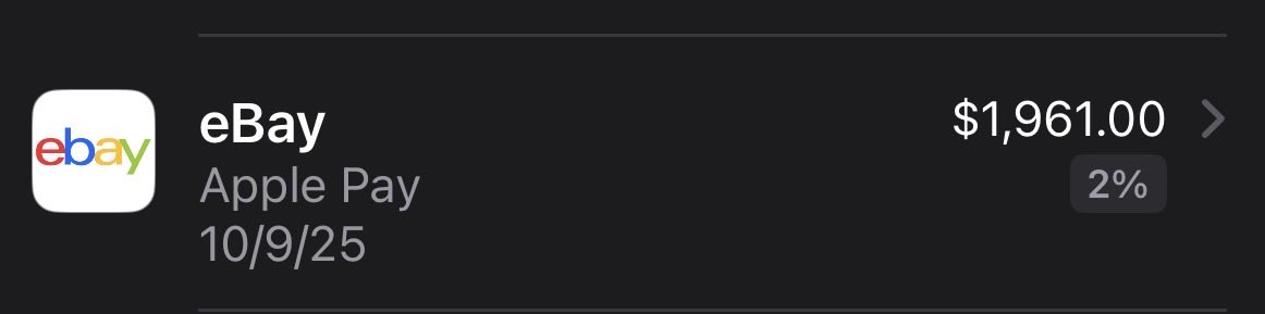A dark-themed transaction record shows a $1,961.00 purchase made on eBay via Apple Pay on 10/9/25, with a 2% cash back indicator. This likely represents the cost of the mining equipment (possibly an Antminer Z15) the post celebrates as the best crypto hardware investment for mining Zcash ($ZEC).