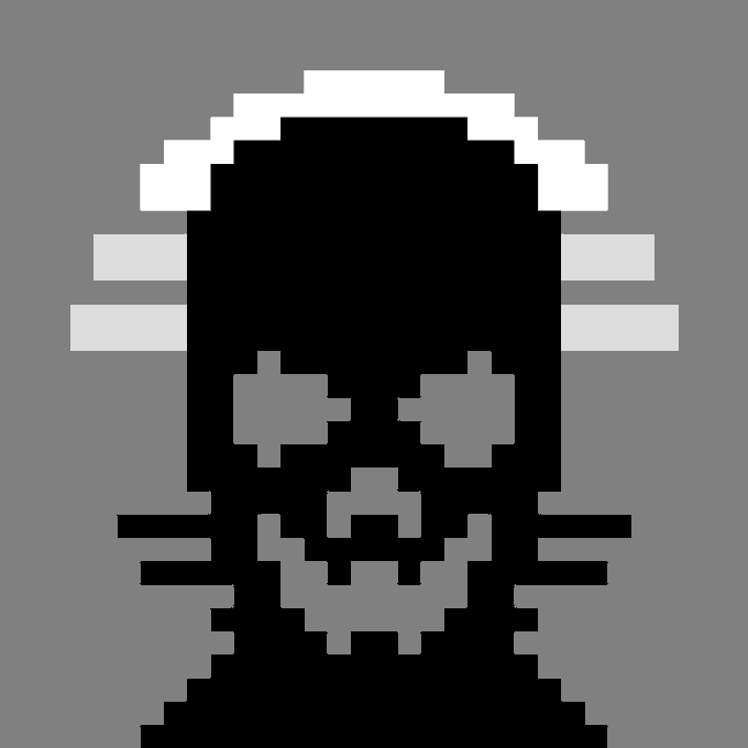 A pixel art illustration on a gray background depicts a black skull-like figure with white eyes and a wide, jagged grin.