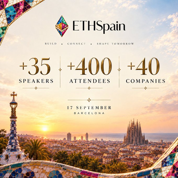 A promotional graphic for 'ETHSpain' features a Barcelona skyline at sunset, advertising '+35 SPEAKERS', '+400 ATTENDEES', and '+40 COMPANIES' for an event on '17 SEPTEMBER' with the tagline 'BUILD • CONNECT • SHAPE TOMORROW'.