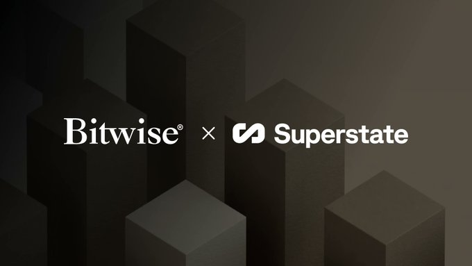 Bitwise and Superstate logos displayed on a dark geometric background, visually announcing their partnership to explore tokenized share ownership for BSOL without altering the underlying asset's legal structure.