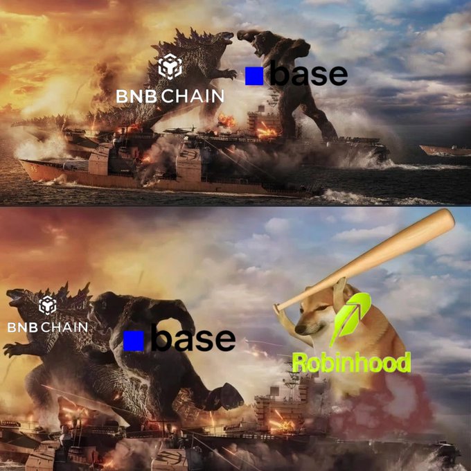 A two-panel meme depicting Godzilla and King Kong battling on battleships, used as a visual metaphor for BNB Chain fighting Base, with the bottom panel showing Robinhood (depicted as a Shiba Inu with a bat) joining to assist BNB Chain and Base.