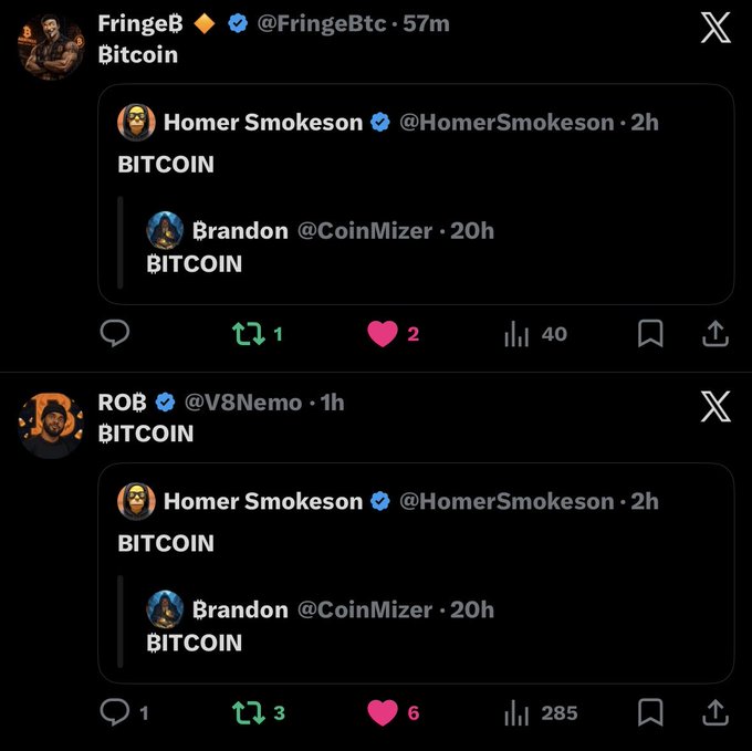 Two Twitter/X posts from FringeB and ROB simply quote the word 'BITCOIN', nested from Homer Smokeson and Brandon @CoinMizer.