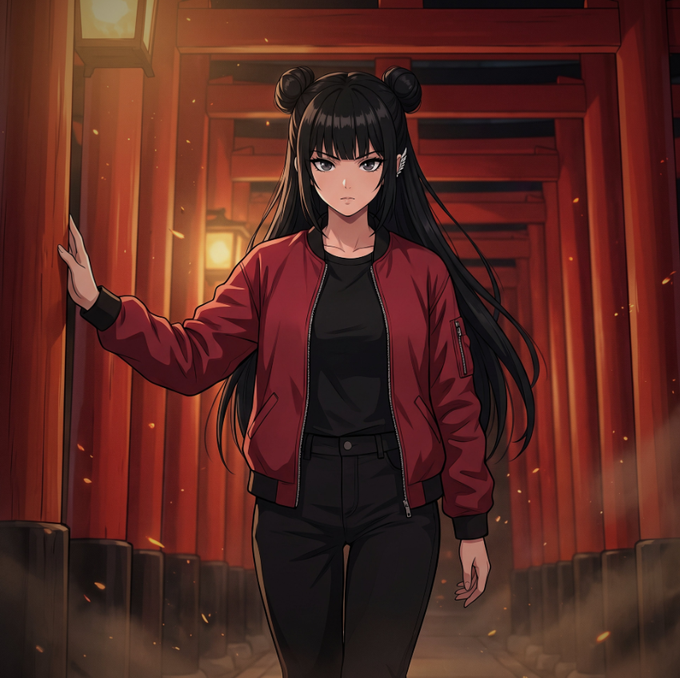 An anime-style illustration depicts a girl with long black hair in twin buns wearing a red bomber jacket and black pants, standing among red torii gates.