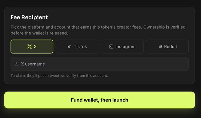 A 'Fee Recipient' setup screen with options for X, TikTok, Instagram, and Reddit, currently highlighting X, with a green 'Fund wallet, then launch' button.