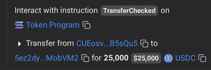 A screenshot of a transaction instruction showing a 'TransferChecked' operation on a 'Token Program', sending 25,000 USDC from one address to another.