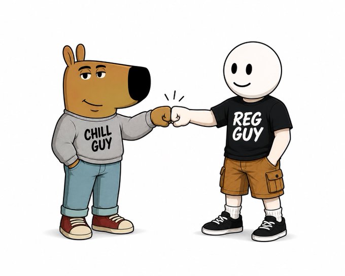 A cartoon illustration of a kangaroo labeled 'CHILL GUY' in a gray sweatshirt fist-bumping a smiling white character labeled 'REG GUY' in a black t-shirt.