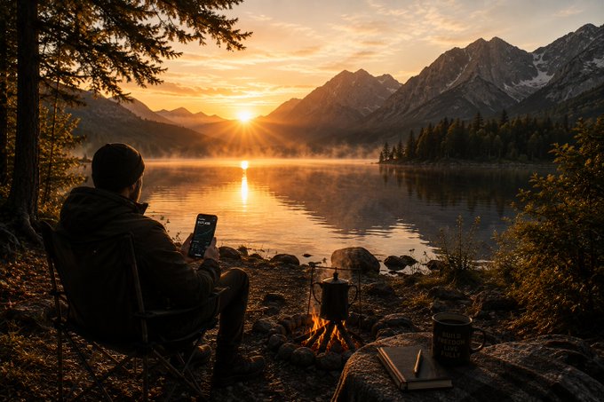 A man sitting in a camping chair by a lake at sunset, using his phone, with a campfire and mountains in the background.