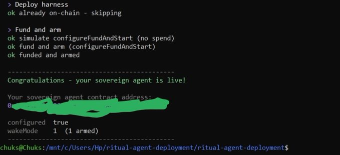 Terminal output showing successful deployment of a "sovereign agent" on ritual-agent-deployment, with the contract address (redacted in green) confirming the agent is configured and armed (wakeMode: 1), demonstrating the successful on-chain activation using native L1 ETH as described in the guide.