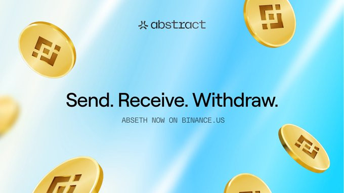 The image features a poster with a blue background that says "abstract" and has a gold coin symbol above it. The text below the coin reads " Send. Receive. Withdraw. Abseoth now on Binance, us". This suggests that the poster is promoting an abstract cryptocurrency called Bitcoin or another similar digital currency. The image also shows multiple golden coins scattered throughout the background, which further emphasizes the theme of digital currency and transactions.