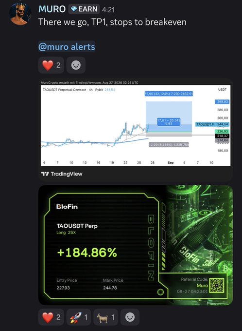 A Telegram post by MURO shares a TradingView chart and a DioFin profit card for TAOUSDT Perpetual, showing a successful Long 25X trade with a +184.86% gain (entry 227.93, mark 244.78), highlighting their accurate breakeven stop call — perfectly illustrating the "@MuroCrypto cooking" remark.
