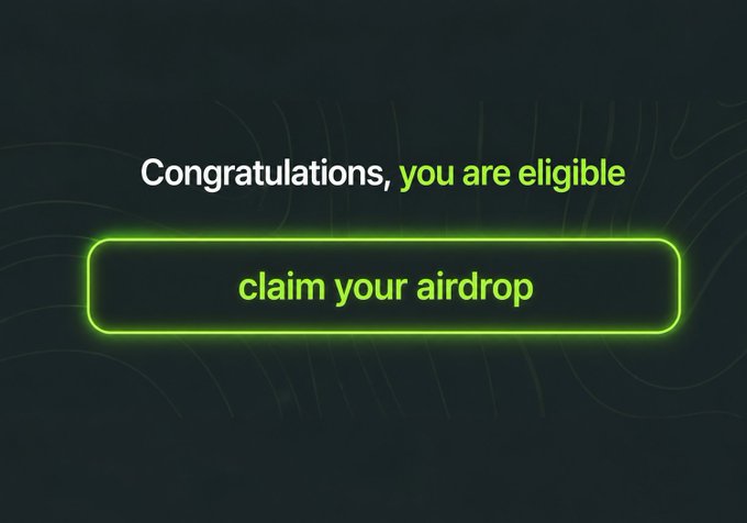 A neon green "claim your airdrop" button appears below the text "Congratulations, you are eligible," set against a dark wavy background, illustrating the type of claim page users might encounter when checking airdrop eligibility for projects like GenLayer, DGrid AI, KiiChain, and DAPPOS.