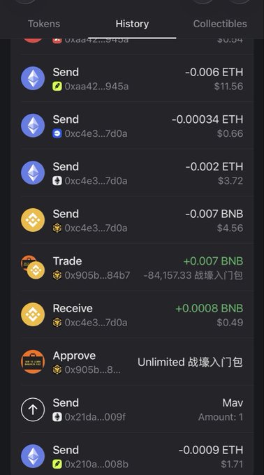 A cryptocurrency transaction history screen shows various Send, Trade, Receive, and Approve activities in ETH and BNB with corresponding dollar values and wallet addresses.