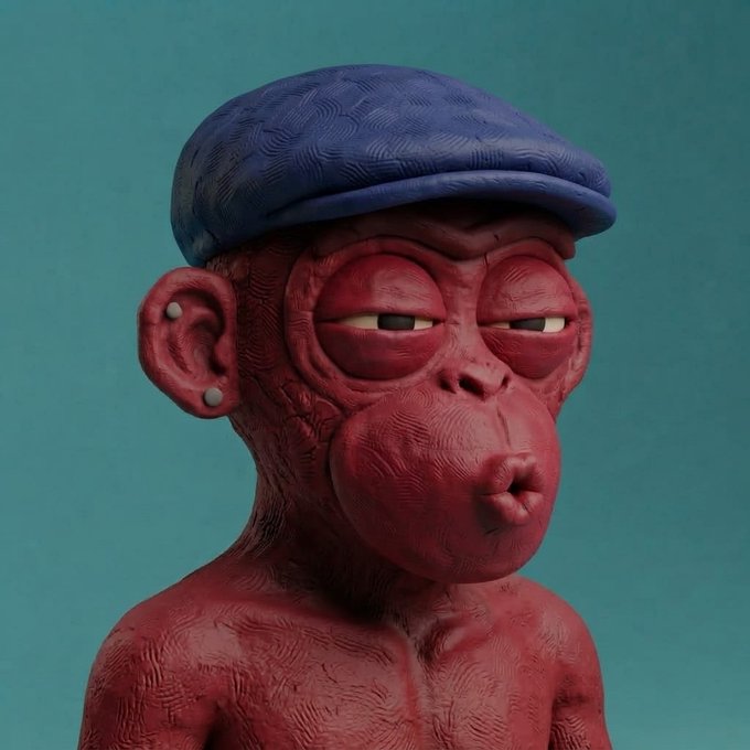 A 3D-rendered character with deep red, textured skin wearing a blue flat cap and small earrings makes a pouting expression against a teal background.