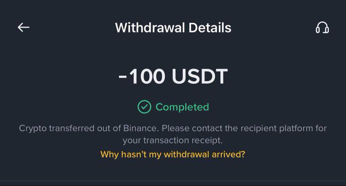 The image shows a Binance "Withdrawal Details" screen confirming a completed transfer of -100 USDT, with a note that the crypto has been sent out of Binance. This likely serves as proof-of-funds for the creator's giveaway, where they claim to be sending $100 to three reply guys—though the post ironically asks commenters to share their Solana address despite the screenshot showing a USDT (not SOL) withdrawal.