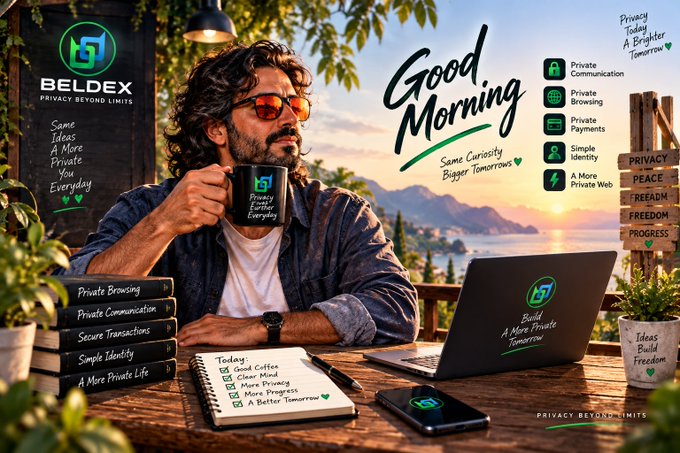 A promotional graphic for "BELDX" featuring a man drinking coffee from a branded mug at a laptop, surrounded by text like "Good Morning" and "Privacy Beyond Limits."