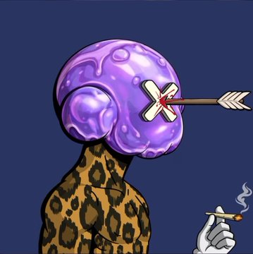 A digital illustration of a figure with a purple, brain-like head pierced by an arrow, wearing a leopard print shirt and smoking a cigarette.