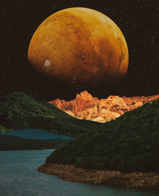 A massive, detailed planet looms over a scenic landscape featuring mountains, dark forests, and a calm body of water beneath a starry night sky.