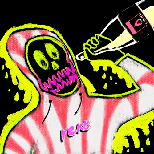 Horror-style illustration of a skeletal figure in a striped hoodie drinking from a champagne bottle, with the word 'rekt' displayed.