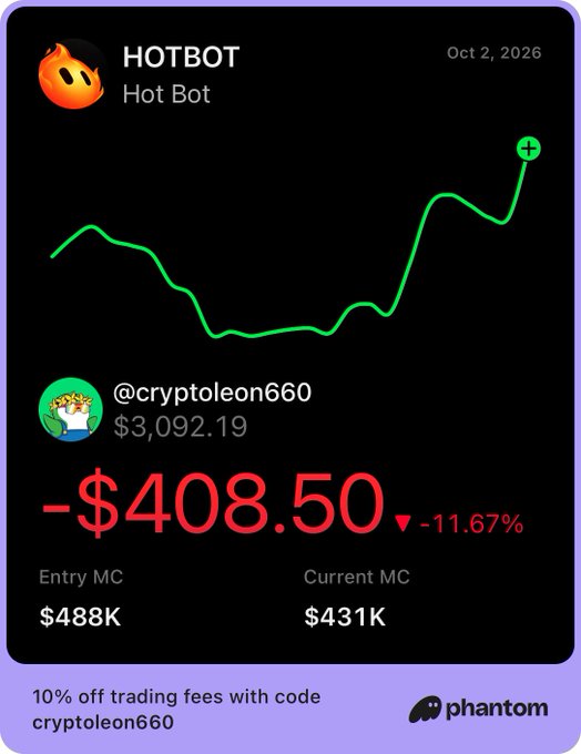 A Phantom wallet trading card displays a losing position for 'HOTBOT' token by @cryptoleon662, showing -$408.50 (-11.67%) with a promo code 'cryptoleon660' for 10% off trading fees.