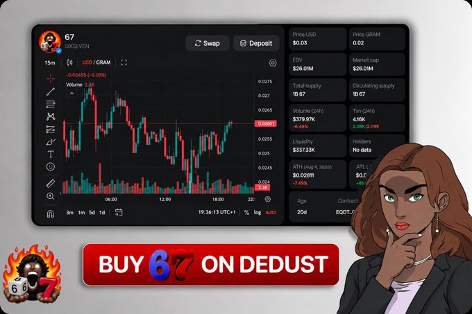 A trading interface displays the $67 token ($67/GRAM) chart on DeDust with a price of $0.03, FDV of $26.01M, and market cap of $26.01M, accompanied by an animated avatar and a "BUY 67 ON DEDUST" banner promoting fee-free swaps.