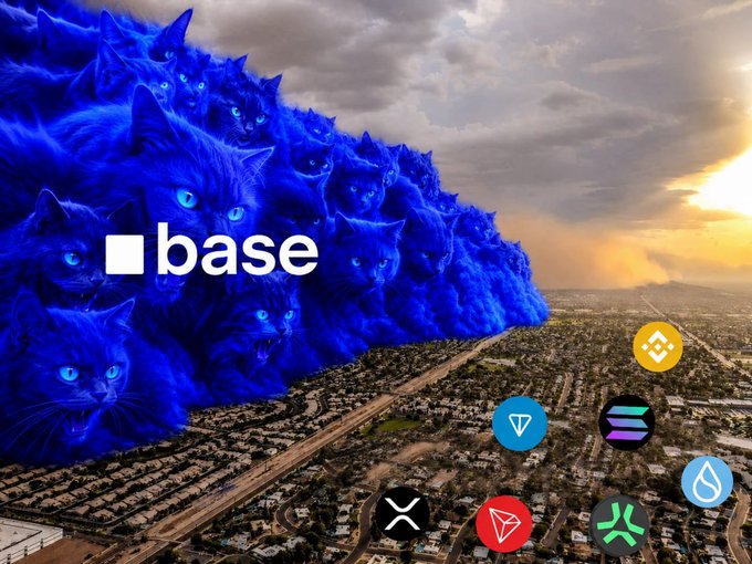 A surreal image of a giant wave of blue cats towering over a city landscape, with a 'base' logo and various cryptocurrency icons floating on the right.