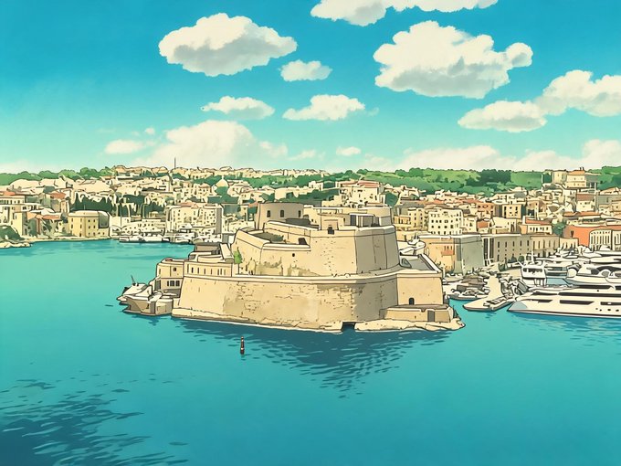 A stylized, anime-style digital illustration of a coastal Mediterranean town featuring a prominent stone fortress or castle on a small peninsula, with boats in the harbor and pastel buildings nestled against green hills under a bright blue sky.