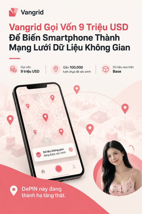 A promotional graphic for Vangrid in Vietnamese, advertising 'Vangrid Gọi Vốn 9 Triệu USD Để Biến Smartphone Thành Mạng Lưới Dữ Liệu Không Gian' with stats about 9 trillion VND funding, 100,000 locations, and Base blockchain data.
