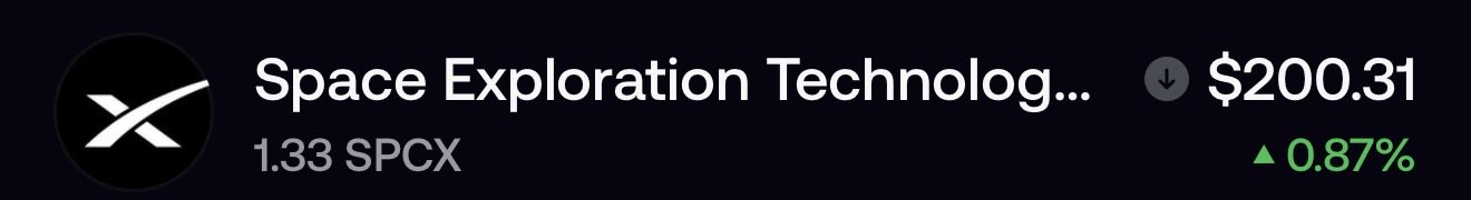 A dark-themed stock ticker displays 'Space Exploration Technolog...' (SpaceX) with ticker 'SPCX', showing a price of $200.31 with a green upward arrow indicating a 0.87% gain.